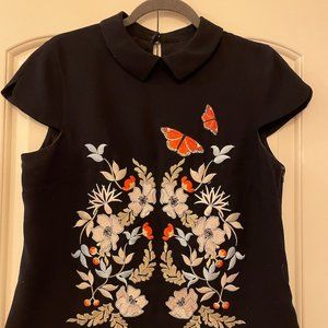 Ted Baker Peter Pan Collar Navy Blue Embroidery Top